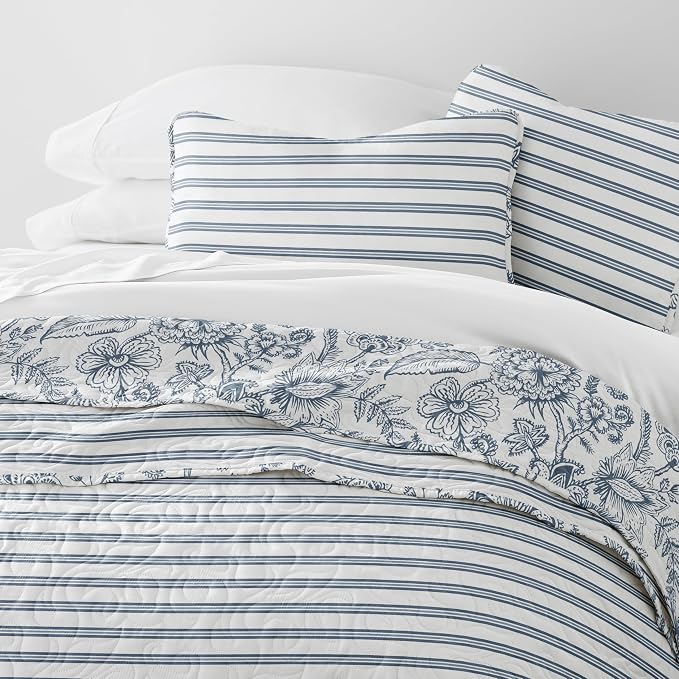 Merit Linens Soft Quilt Coverlet Bedding Set - Reversible Patterns - Full/Queen Dusk Blue