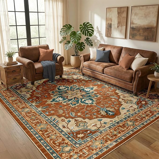 RELEANY Washable Area Rug, 5'x7', Red/Orange/Blue/Brown | Non-Slip, Water Repellent, Pet Friendly, Easy to Clean, Vintage Floral Boho Decor for Living Room Bedroom Dining Room Office