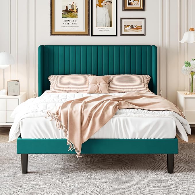 SHA CERLIN Full Size Velvet Bed Frame, Tufted Wingback Headboard, Teal | 47'' Modern Vertical Channel Headboard, Upholstered Platform Bed, Wood Slats, No Box Spring Needed, Easy Assembly, Noise Free