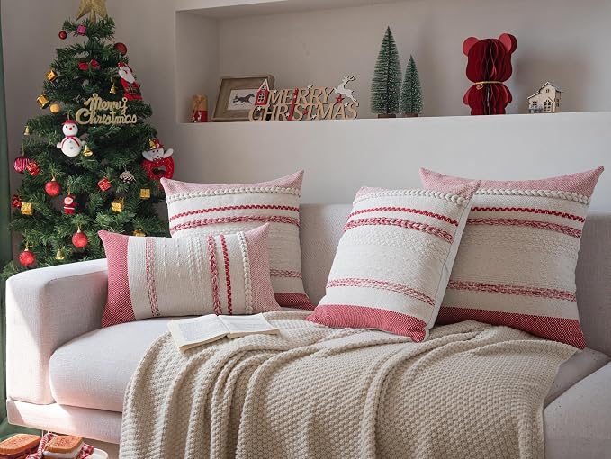 Cethom Christmas Pillow Covers 12x20 Inch Set of 2, Red Textured Boho Christmas Decoration Couch Pillow Cases for Farmhouse Home Decor, Accent Cushion Cover for Sofa, Bed, Living Room, Bedroom