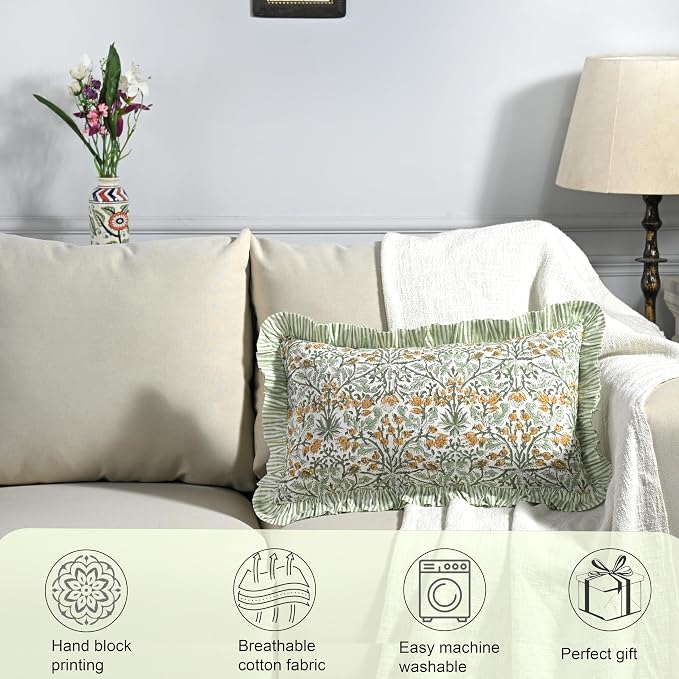Ridhi Block Print Goldenrod Yellow Ruffle Lumbar Pillow Shams, 20" x 12" | 100% cotton, Floral Pillowcase, Cushion Cover, Hidden Zipper, Cottagecore Bedding, farmhouse boho style, fits couch, sofa,Bed