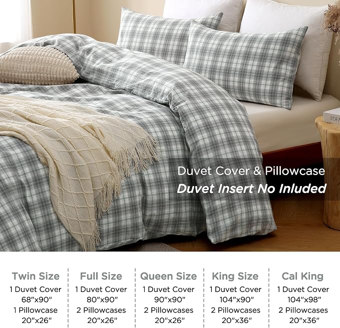 TOCOMOA Plaid Duvet Cover Set 100% Washed Cotton Like Linen, King | Linen-Like Feel Soft, Breathable & Comfy for All Season. Grey and Green Bedding Set with Zipper & 8 Ties. 3 Pcs, No Insert