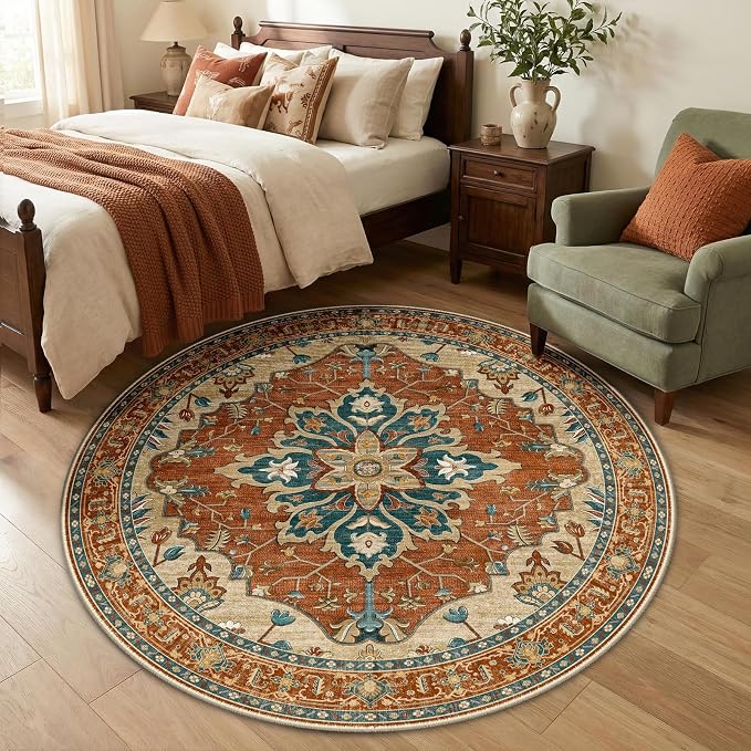 RELEANY Washable Area Rug, Round 5ft, Red/Orange/Blue/Brown | Non-Slip, Water Repellent, Pet Friendly, Easy to Clean, Vintage Floral Boho Decor for Living Room Bedroom Dining Room