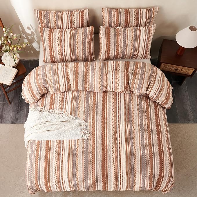 Striped Queen Comforter Set Boho Soft 3 Pieces Chic Vintage Boho Print Bohemian Comforter for All Seasons Luxury Warmth Comfy Breathable with 2 Pillowcases
