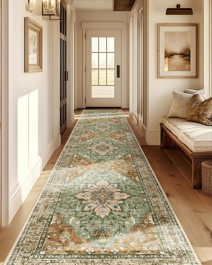 RELEANY Washable Area Rug, Runner 2'x10', Brick/Brown/Green | Non-Slip, Water Repellent, Pet Friendly, Easy to Clean, Vintage Floral Boho Decor for Kitchen Hallway Bedroom Laundry