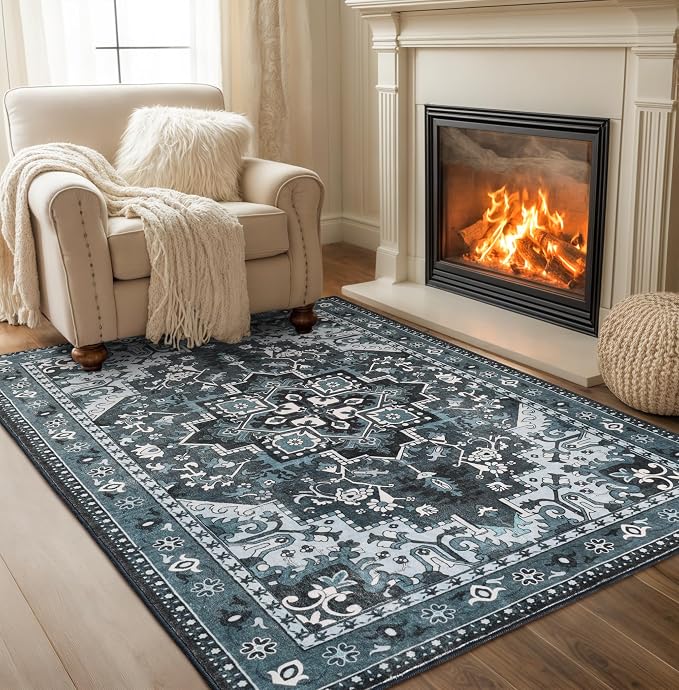 Rugflix 3x5 Entrance Rugs, Washable Dark Navy Blue Entry Small Rug | Machine Washable; Stain-Resistant; Low Pile; Non-Slip; Vintage Farmhouse; Carpet for Entryway Kitchen Hallway Home