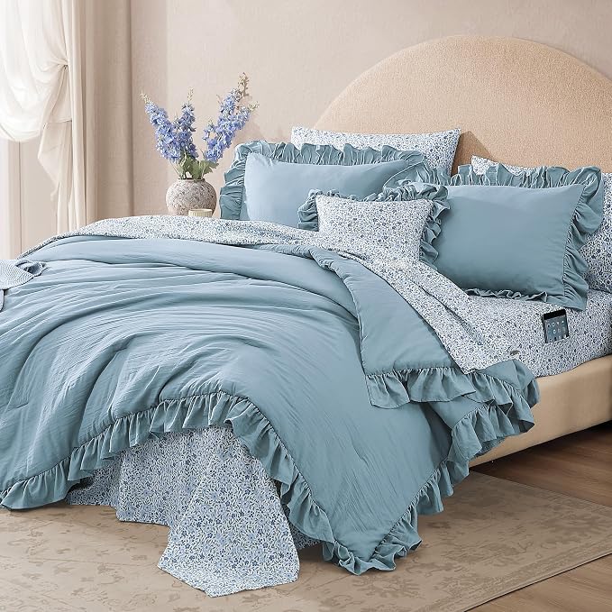 King Size Comforter Set-7 Pieces Ruffle Bedding Floral Sheet | Blue Bed in a Bag, Soft Lightweight All Season Farmhouse King Size Bedding Sets with Floral Sheets, Pillowcases & Shams