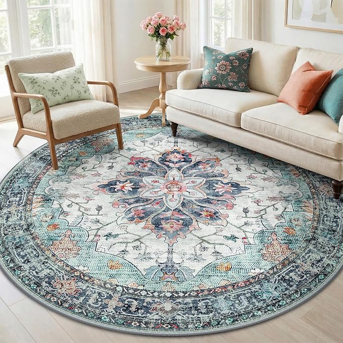 RELEANY Washable Area Rug, Round 6ft, Teal Green/White/Navy | Non-Slip, Water Repellent, Pet Friendly, Easy to Clean, Vintage Floral Boho Decor for Living Room Bedroom Dining Room