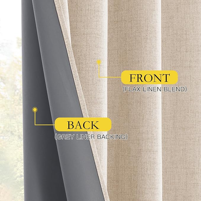 NICETOWN 102 inch Blackout Linen Curtains for Bedroom 2 PCs, Beige | Thermal Insulated, Farmhouse Style, Room Cooling Window Draperies for Dining Room, Bedroom for Daytime Sleep, W52" x L102"