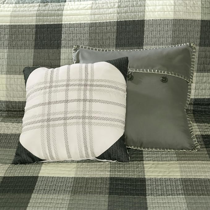 Madison Park Cabin Lifestyle Plaid Quilt Set, 6PC Full/Queen Coverlet | All Season, Luxurious Coverlet Bedspread Lightweight Bedding Layer, Shams, Decorative Pillow, Grey