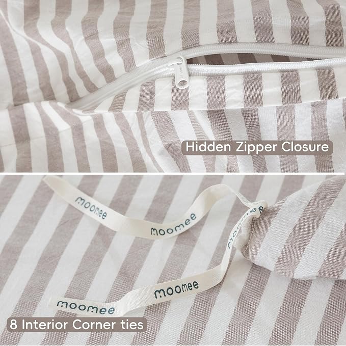 MooMee Striped Duvet Cover Set 100% Washed Cotton Linen Like King | Relaxed Linen-like Texture. Soft, Breathable & Long-lasting Comfort. Lightweight. Hidden Zipper with 8 Interior Corner Ties