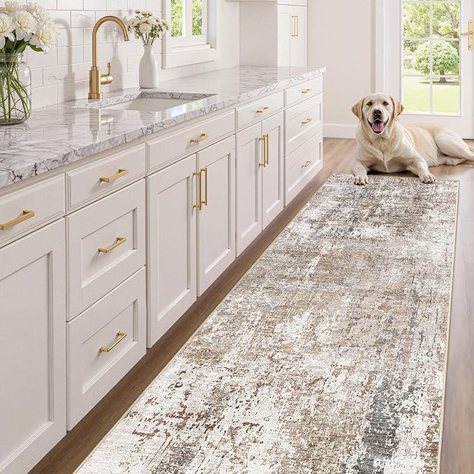 UERMEI 3x10 Washable Runner Rug for Hallway, Non Slip Low Pile Kitchen Carpet, Neutral Modern Abstract Indoor Floor Mat for Entryway Laundry, Kid & Pet Safe High Traffic Area, Brown/Grey/Red