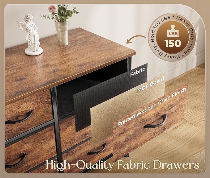 Huuger 77.6" Long Dresser for Bedroom, 16 Drawer Fabric Dresser for Closet, Wide Chest of Drawers with Storage, TV Stand for 65, 75, 85 Inch TV, 77.6" W x 13" D x 26.4" H, Rustic Brown