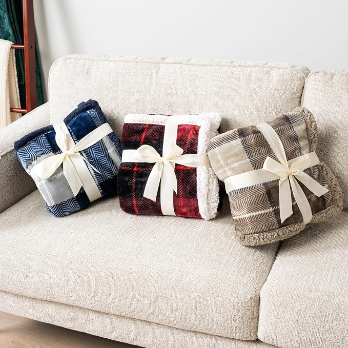 PAVILIA Twin Plaid Sherpa Throw Blanket for Couch Sofa Bed, Navy, 60x80 | GSM 460; Soft Plush Flannel Fleece; Warm&Cozy for Home; Machine Washable, Perfect Cabin Decor Winter Holiday Christmas Gift