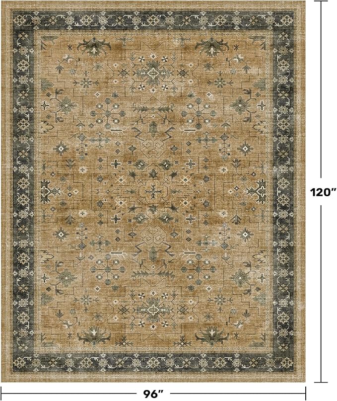 Washable 8x10 Living Room Rug, Oriental Large Area Rug for Dining Room Under Table, Rustic Brown and Charcoal Olive Low Pile Bedroom Carpet, Non-Slip Stain Resistant Indoor Door Mat