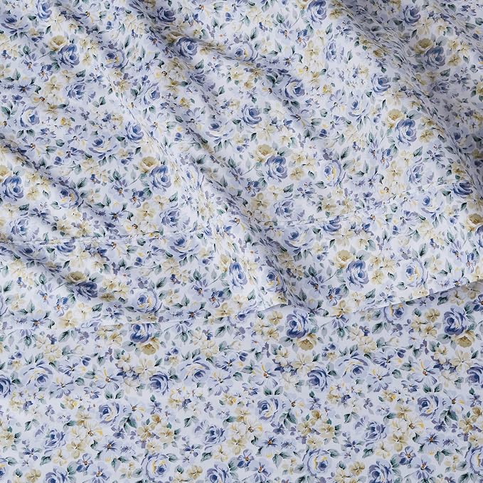 Amazon Basics Lightweight Super Soft Easy Care Wrinkle Free Breathable Brushed Microfiber 3 Piece Bed Sheet Set with 14-Inch Deep Pockets, Twin, Blue Floral, Kids, Men & Women Bedding