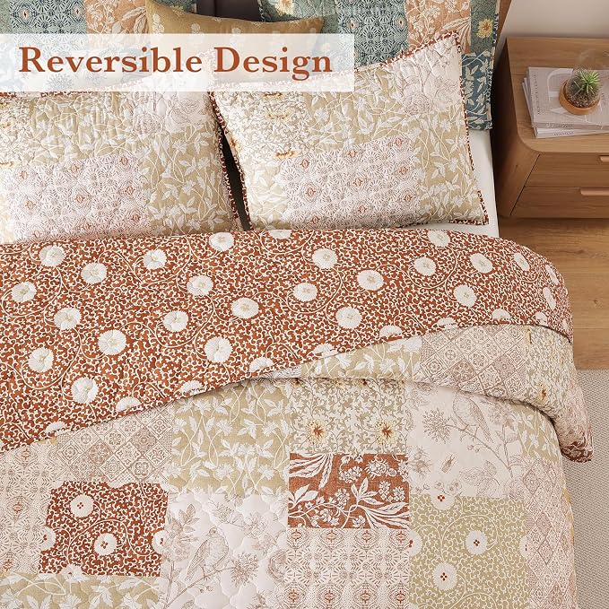Quilts Queen Size-3 Pieces Soft Queen Bedspread Floral Patchwork Quilt | Lightweight Terracotta Quilt, Reversible Vintage Floral Bedding Set, All Seasons Bed Coverlet with 2 Pillow Shams, 90"x94"