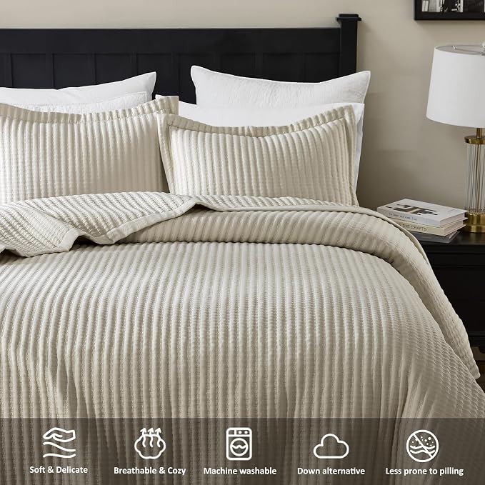 WDCOZY Beige Twin Size Quilt Set, Striped Pick Stitch Bedspread | Lightweight Soft Channel Coverlet, Spring Summer Thin Comforter, Farmhouse Rustic Country Bedding