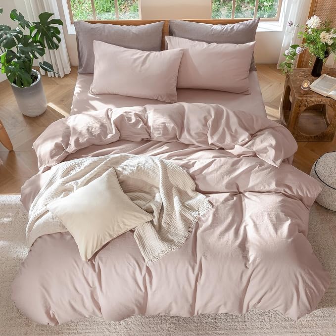 MooMee Duvet Cover Set 100% Washed Cotton Linen Like Full | Relaxed Linen-like Texture. Soft, Breathable & Long-lasting Comfort. Lightweight. Hidden Zipper with 8 Interior Corner Ties