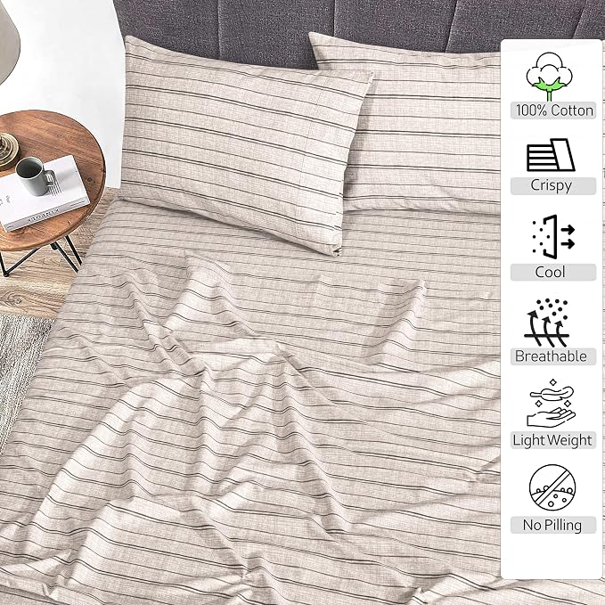RUVANTI 100% Cotton Percale Sheets Twin XL, Brown Stripes | Crisp Cooling, Deep Pocket 16", Soft Breathable & Durable, Hotel-Style, 3 Piece Set