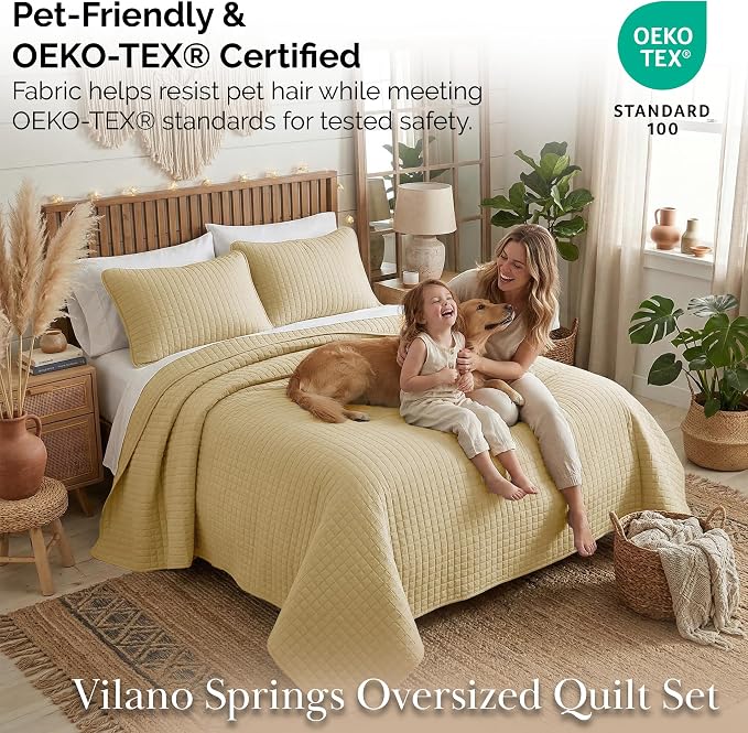 Southshore Fine Living, Inc. Full/Queen Quilt Bedding Set, Cozy Coverlet Queen Size Bedspread, Wrinkle-Free, Pet Hair Resistant Bedding, Full Size Quilt Coverlet w/2 Pillow Shams, Gold