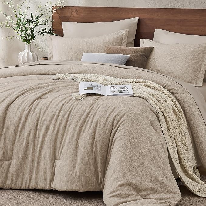 JOLLYVOGUE Khaki Queen Comforter Set, Cationic Dyeing Bed in a Bag Queen 7 Pieces, Double-Tone Bedding Set with Down Alternative Comforter, Sheets, Pillowcases & Shams