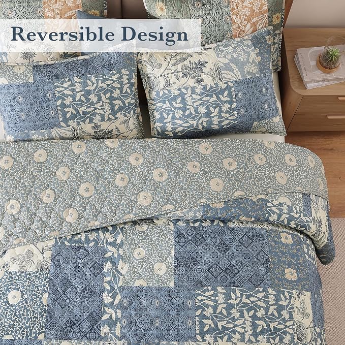 King Size Quilt Set-3 Pieces Soft King Bedspread Floral Patchwork Quilt | Lightweight Blue Quilt, Reversible Vintage Floral Bedding Set, All Seasons Bed Coverlet with 2 Pillow Shams, 106"x94"