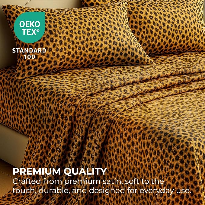 Satin Sheets Queen [4-Piece, Gold Leopard] Hotel Luxury Silky Bed Sheets - Extra Soft 1800 Microfiber Sheet Set, Wrinkle, Fade, Stain Resistant - Deep Pocket Fitted Sheet, Flat Sheet, Pillow Cases