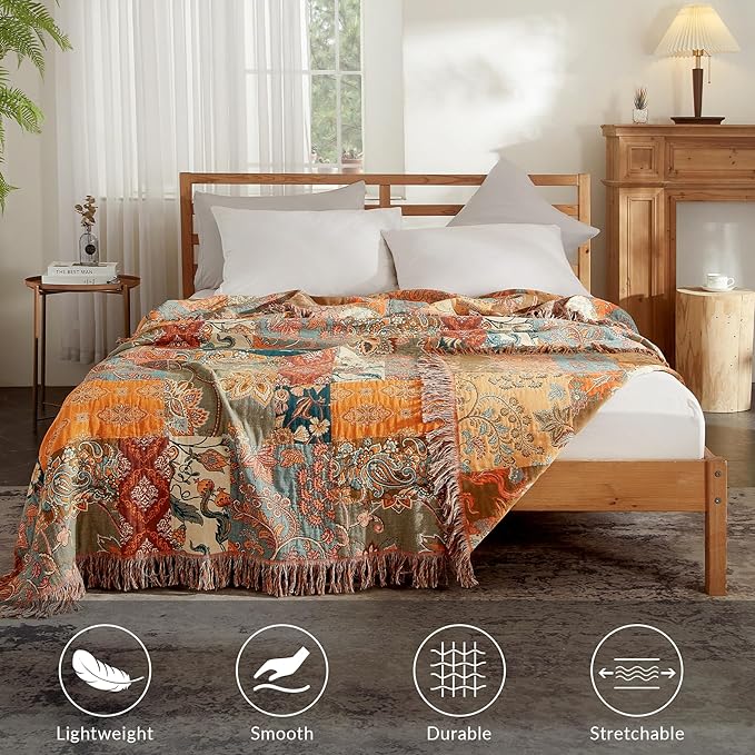 Boho Throw Blanket for Couch Sofa Bed, 100% Cotton Woven Quilt with Tassel 80”x90”, Super Soft Muslin Blanket with Floral Printed, Decorative Reversible Bed Blanket/Cover for All Seasons