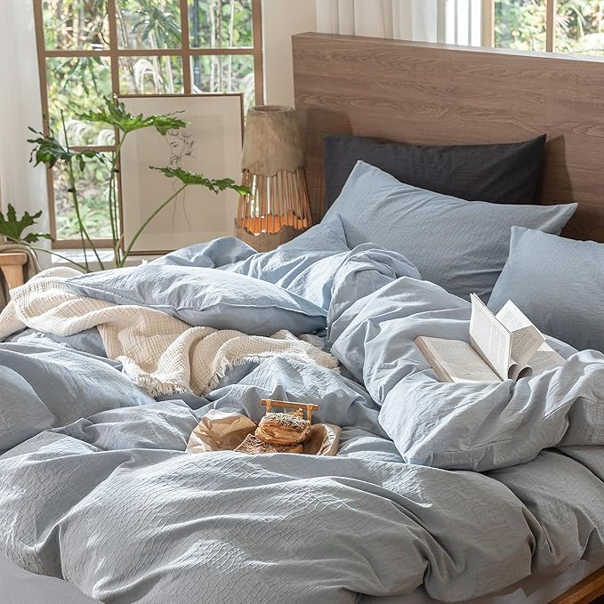 MooMee Wavy Striped Duvet Cover Set 100% Washed Cotton Linen Like Textured Breathable Durable Soft Comfy (Cornflower Blue, Full 80"x90")