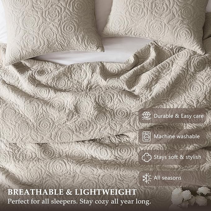 WDCOZY Beige 100% Cotton Quilt King Size Bedding Sets with 2 Pillow Shams, Floral Rosette Lightweight Bedspread Soft Farmhouse Patterned Coverlet Quilted Comforter Bed Cover for All Season, 3 Pieces