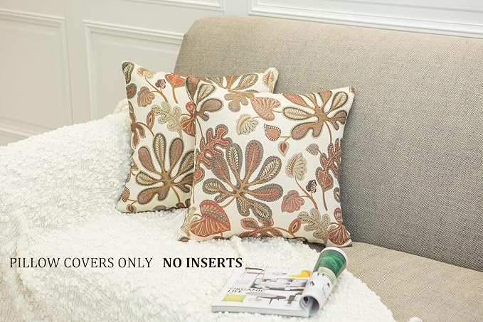 Mika Home Set of 2 Jacquard Tropical Leaf Pattern Throw Pillow Covers Decorative Pillowcase 20X20 Inches,Coral Cream
