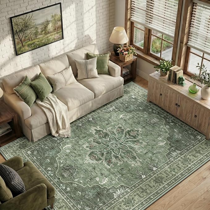 RELEANY Washable Area Rug, 6'x9', Green/Dark Green/Gray | Non-Slip, Water Repellent, Pet Friendly, Easy to Clean, Vintage Floral Boho Decor for Living Room Bedroom Dining Room Office