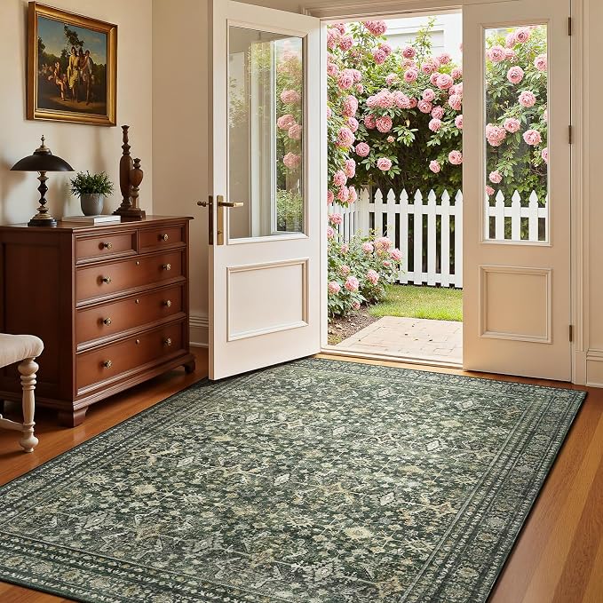 4x6 Area Rugs for Entryway, Green Washable Non-Slip Area Rug for Kitchen | Low Pile Soft Small Rugs, Vintage-Style Carpet for Bathroom Bedroom Tool Room, Stain Resistant Foldable Distressed Rug