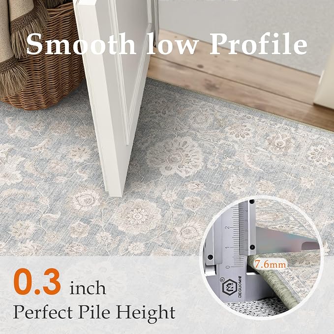 2x3 Blue Cream Neutral Area Rug | Washable, Vintage, Soft, Non Slip, Low Pile, Distressed, Door Mat for Entryway Entrance Bathroom Indoor Home Decor