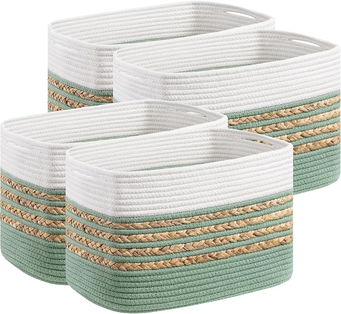 UBBCARE 4 Pack Baskets for Organizing, Woven Storage Baskets for Toys and Towel, Rectangle Cotton Rope Basket with Handles, 14''L x 8''W x9''H, Green
