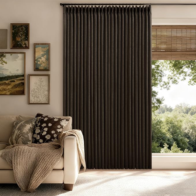 100% Blackout Linen 102 Inch Curtains 2 Panels for Bedroom Dark Chocolate | Pinch Pleated, Dark Brown Chocolate, Linen Textured, Insulated Heavy Curtain, Sliding Glass Door, Room Darkening Drapes