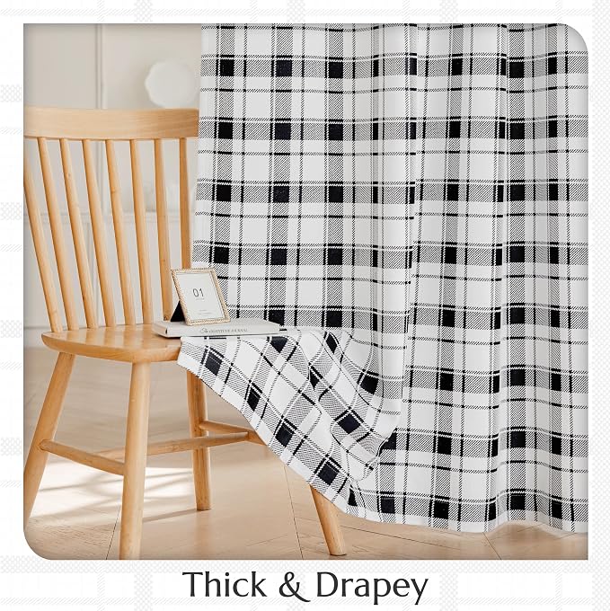 Beauoop Black White Plaid Jacquard Blackout Curtains Bedroom 52x63 2 Panels | Gingham Checkered Buffalo Room Darkening Drapes for Living Room 63 Inch Long Thermal Soundproof Window treatment Grommet