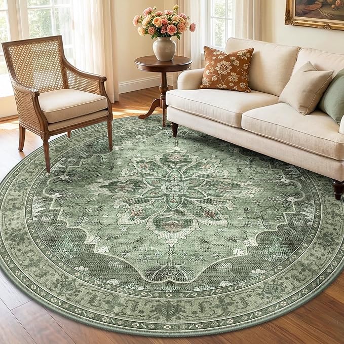 RELEANY Washable Area Rug, Round 6ft, Green/Dark Green/Gray | Non-Slip, Water Repellent, Pet Friendly, Easy to Clean, Vintage Floral Boho Decor for Living Room Bedroom Dining Room