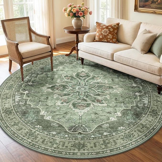 RELEANY Washable Area Rug, Round 6ft, Green/Dark Green/Gray | Non-Slip, Water Repellent, Pet Friendly, Easy to Clean, Vintage Floral Boho Decor for Living Room Bedroom Dining Room