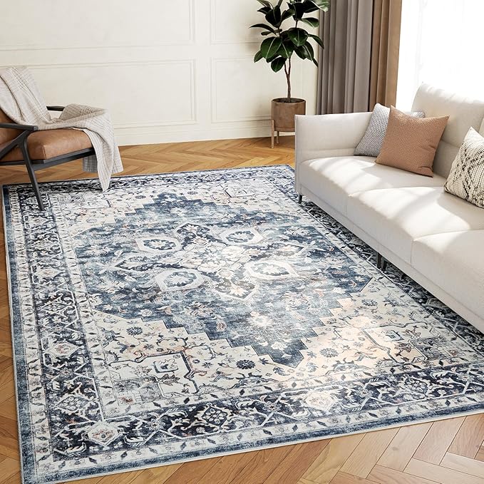 AMADA HOMEFURNISHING 5x7 Area Rugs, Washable Living Room Rug Low-Profile with Non-Slip Backing & Durable Edge Binding, Vintage 5x7 Rugs for Living Room, Bedroom, Dinning Room