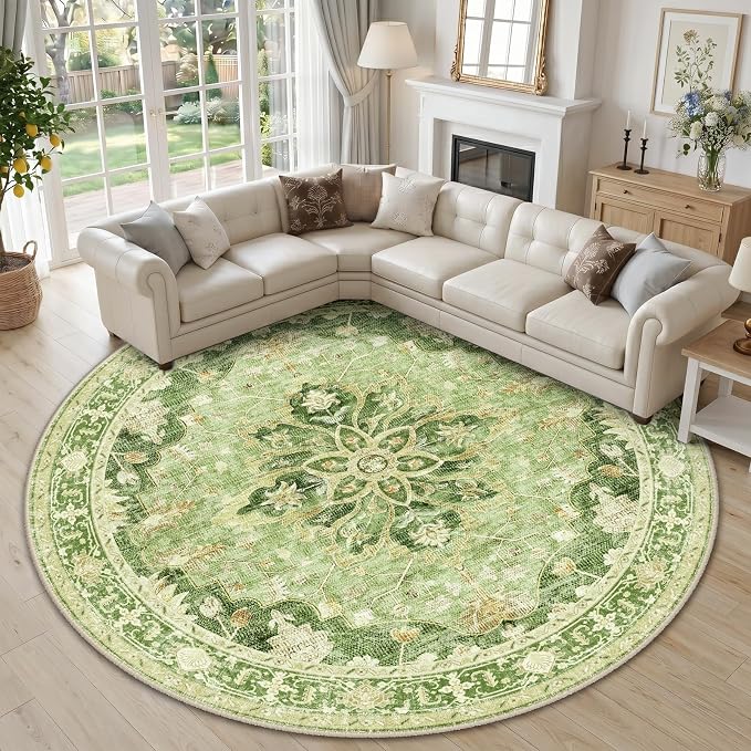 RELEANY Washable Area Rug, Round 10ft, Green/Yellow | Non-Slip, Water Repellent, Pet Friendly, Easy to Clean, Vintage Floral Boho Decor for Living Room Bedroom Dining Room