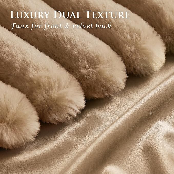 Pack of 2 Throw Pillow Covers 20x12 Decorative Solid Plush Faux Fur with Soft Velvet Back, Square Striped Cushion Cases Modern Farmhouse Home Decor for Living Room Couch Sofa Bed Khaki