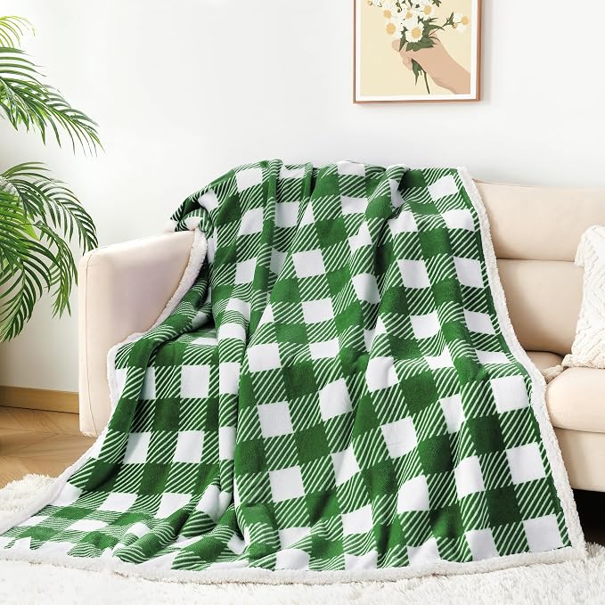 Sherpa Plaid Twin Blanket 60" X 70", Fuzzy Fluffy Soft Cozy Throw Blanket, Twin Size Plush Fleece Flannel Plush Microfiber Blanket for Couch Bed Sofa (GreenWhite)