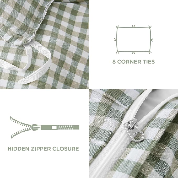 ATsense Green Gingham Ruffle Duvet Cover Set Cotton Like Linen, Queen | 100% Washed Cotton Linen-Like Feel Soft, Breathable & Comfy. Farmhouse Bedding Set with Zipper & 8 Ties. 3 Pcs, No Insert
