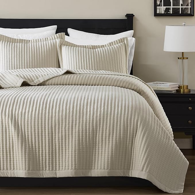 WDCOZY Beige King Size Quilt Set, Striped Pick Stitch Bedspread | Lightweight Soft Channel Coverlet, Spring Summer Thin Comforter, Farmhouse Rustic Country Bedding