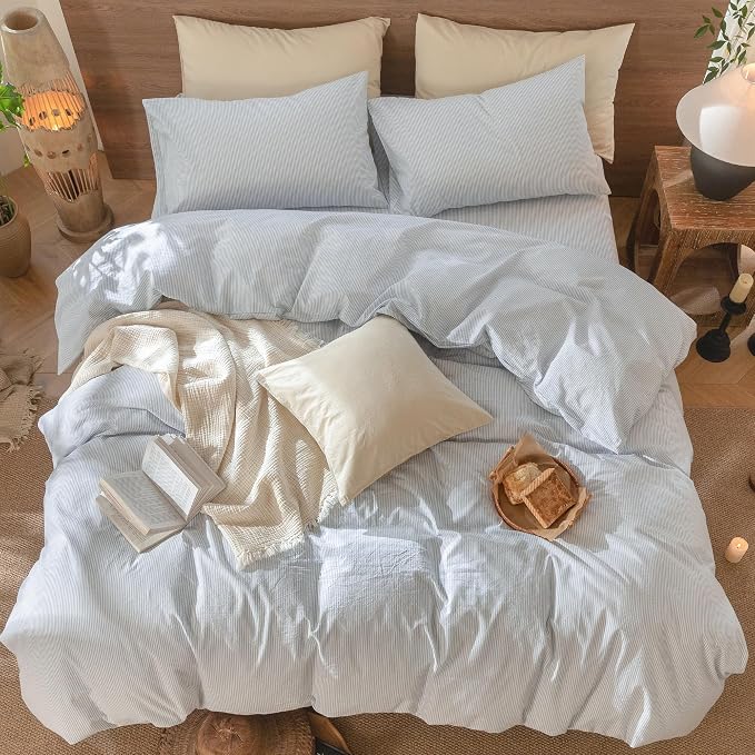 MooMee Striped Duvet Cover Set 100% Washed Cotton Linen Like Alaska King | Relaxed Linen-like Texture. Soft, Breathable & Long-lasting Comfort. Lightweight. Hidden Zipper with 8 Interior Corner Ties