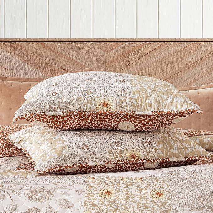 Queen Quilt Set-3 Pieces Soft Bedding Lightweight Floral Patchwork Coverlet | All Seasons Quilts Queen Size for Bed, 1 Quilt (90" x 94") and 2 Shams (20" x 26"), Vintage Bedspread, Terracotta