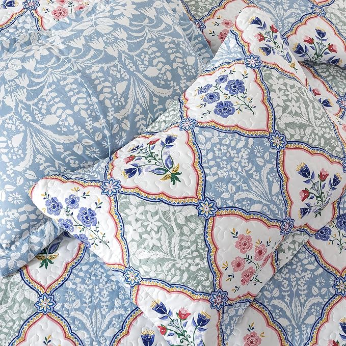 Quilt Set King Size, Bedspread Sets Elegant Floral, Reversible Quilt Bedding Set Lightweight and Breathable for All Seasons, Soft Quilted Bedspread with 2 Pillow Shams