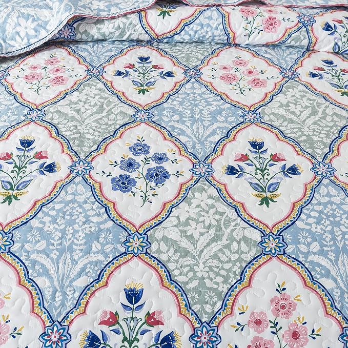 Quilt Set Queen Size, Bedspread Sets Elegant Floral, Reversible Quilt Bedding Set Lightweight and Breathable for All Seasons, Soft Quilted Bedspread with 2 Pillow Shams
